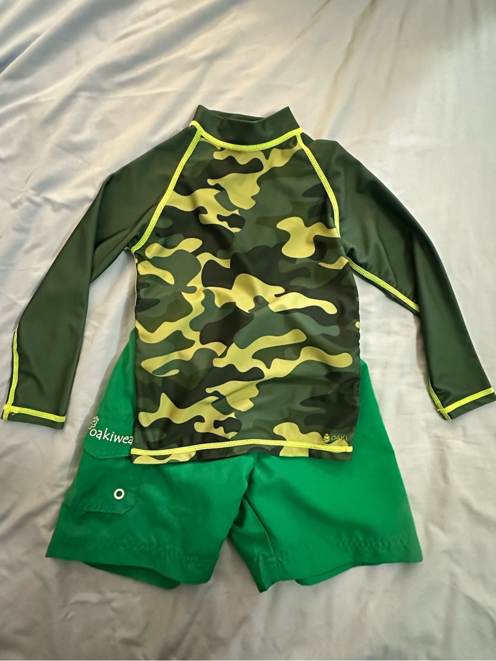Swim Set: Oaki Green Camo Long-Sleeve Rash Guard and Swim Trunks Set- size 2T